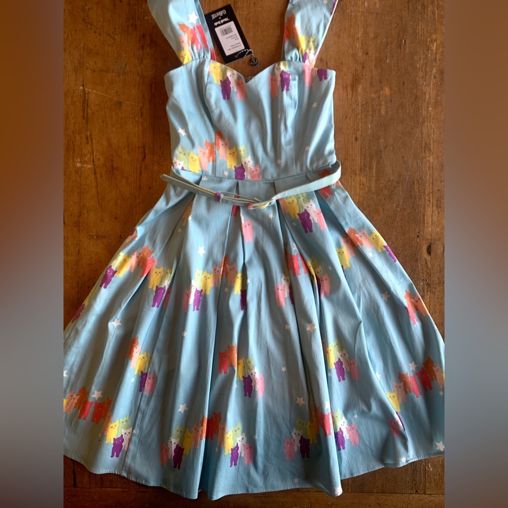 Light Blue Cat Print Fit-and-Flare Dress - Picture 4 of 16